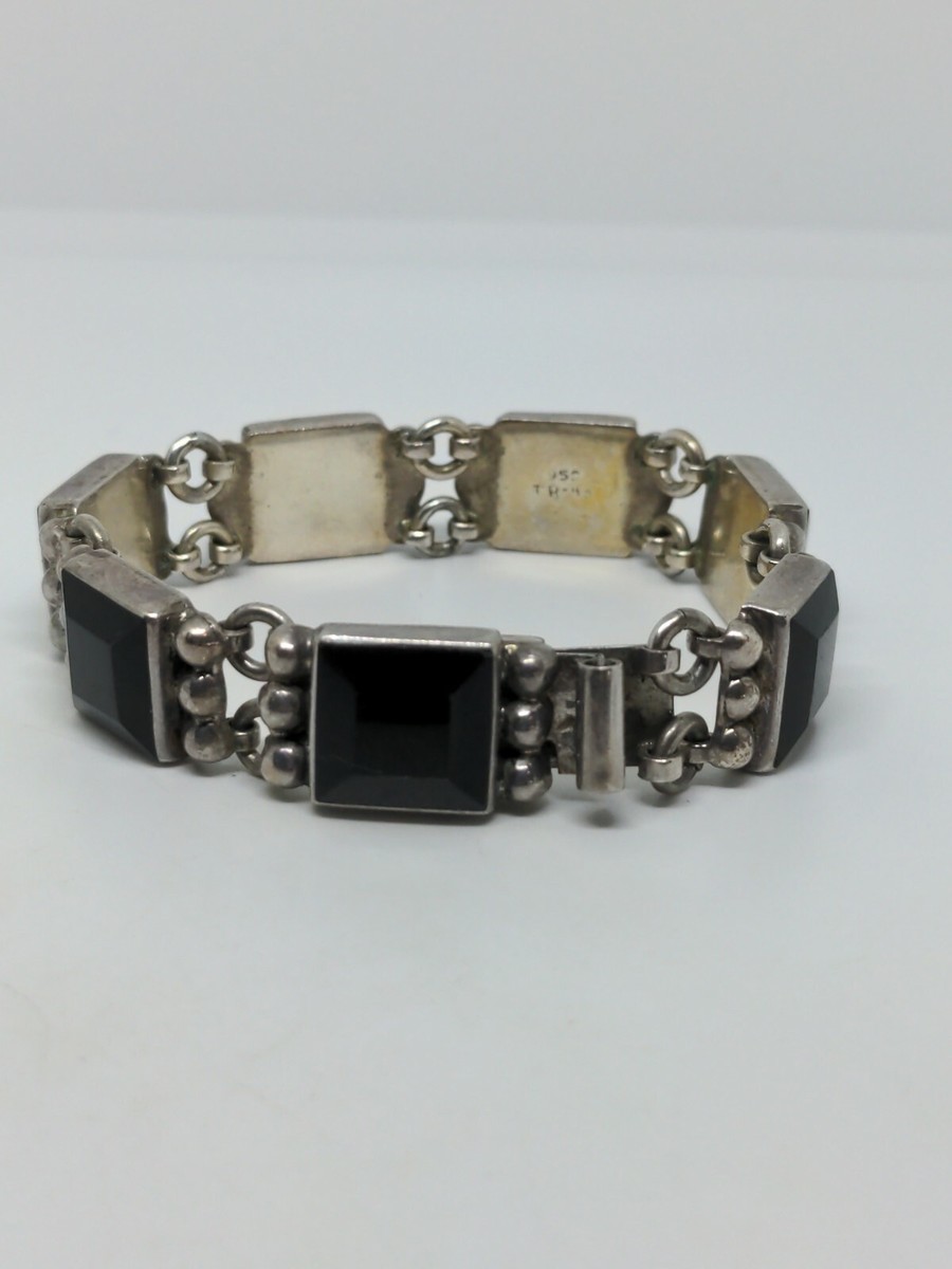 【訳あり】 Vintage Heavy Sterling Bracelet Onyx Black Mexico 950 Silver アクセサリー