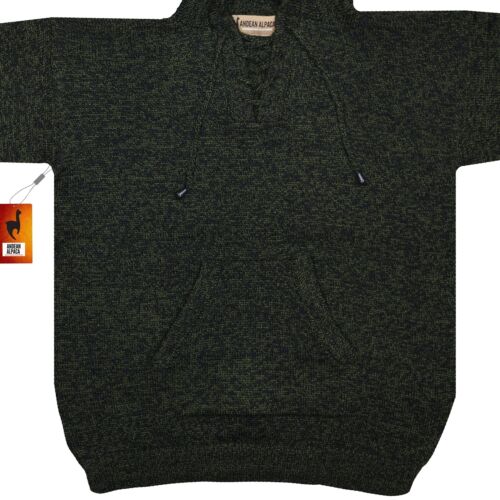 MEN HANDMADE ANDEAN ALPACA DARK GREEN PULL OVER HOODIE SZ L - Picture 4 of 9