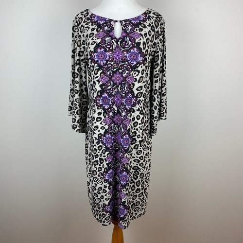 Dana Buchman Dress M Leopard Floral 3/4 Bell Sleeve Keyhole Beige Tan Purple - Picture 2 of 12