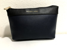Michael Kors Blue Black Trim Leather Cosmetic Case Makeup Zipper Bag Pouch