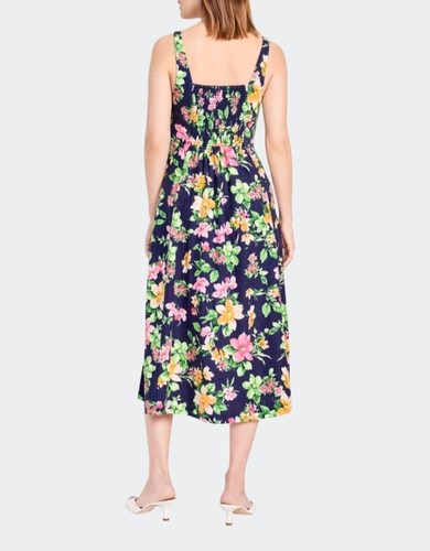 Old Navy Womens Navy Blue Floral Fit & Flare Linen Blend Midi Dress Size Medium - Picture 2 of 14