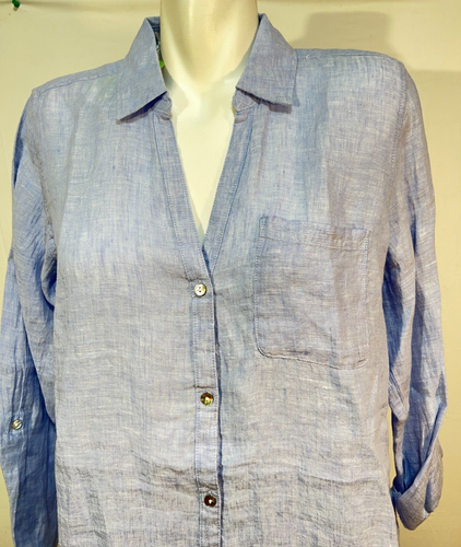 Sigrid Olsen Linen Women Top Long Blouse Tunic Medium Lt Blue New NWT Button - Picture 4 of 8