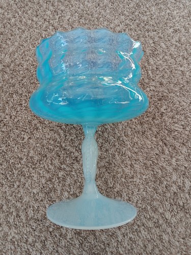 Rare Empoli Italy Goergeous Turquoise Blue Opalescent Cameo 10" Compote Bowl - Picture 12 of 12