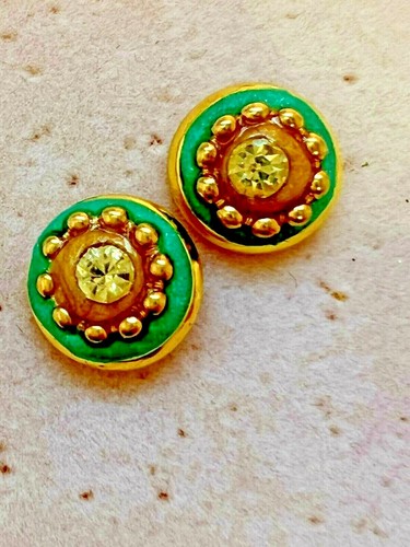 24k Gold Plated Simple Stud Earrings Crystal + Green Enamel Handmade in America - Picture 1 of 2