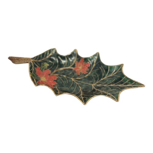 Vintage Natale Cloisonne Foglia di Agrifoglio 10" Trinket Piatto Smaltato Decorazione Vacanze MCM - Foto 3 di 6