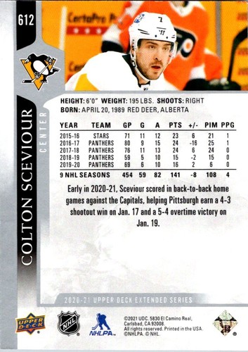 2020-21 Upper Deck Colton Sceviour #612 Pittsburgh Penguins - Picture 2 of 2