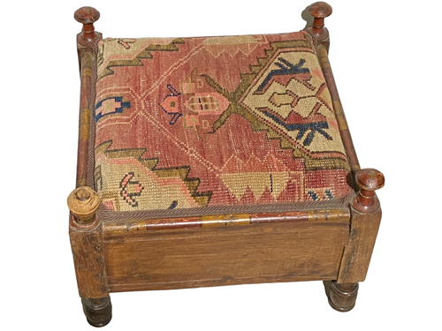 #5029 Alter indischer Punjabi quadratischer niedriger Hocker mit antikem Hamadan-Sitz 12" Höhe - Bild 5 von 12