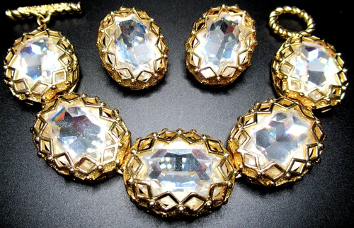 CHRISTIAN DIOR GERMANY Massive Headlight Rhinestone Vintage Bracelet Earring Set