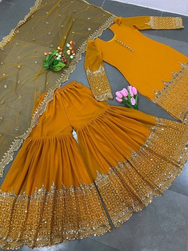 Beautiful New Heavy Faux Georgette Palazzo Suit With Dupatta For Women - Picture 5 of 9