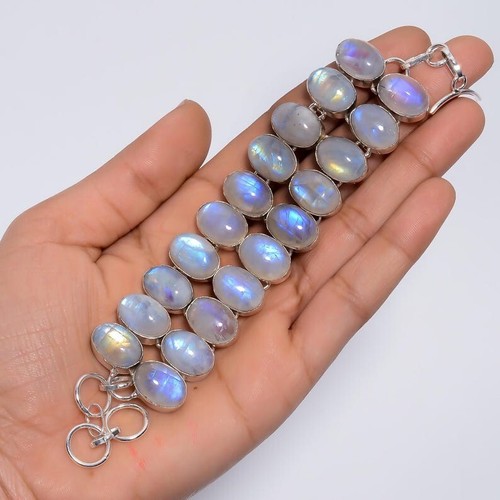 925 Sterling Silver Natural Moonstone Gemstone Handmade Jewelry Chain Bracelet - Picture 2 of 6