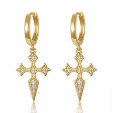 Gold or Silver 925 Sterling Silver Tiny Small Hoop Earrings Ornate CZ Cross Chic