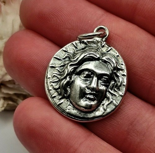Sterling Silver 925 Ancient Greek Coin Helios God Of Sun Apollo Pendant - Afbeelding 7 van 9