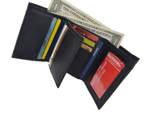 New Mens Black Genuine Leather Trifold Wallet ID Window Credit Card Case Holder - Picture 5 of 5