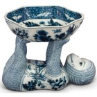 US Seller - Blue and White Chinese Porcelain Monkey Holding Lotus Dish
