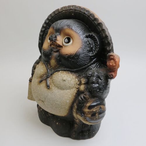 Estatua de cerámica japonesa hecha a mano de 11 pulgadas Shigaraki Ware Lucky Tanuki - Imagen 2 de 7