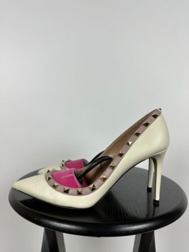Women's Valentino Garavani Calfskin Rockstud Cream Leather Heels Shoes Size 40.5 - Picture 4 of 24
