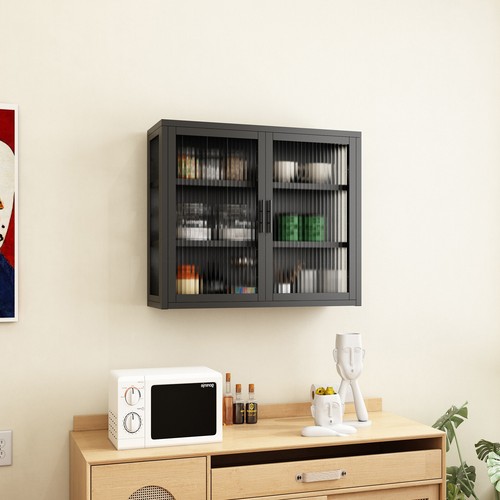 Glass Wall Cabinet Unit Shelving Metal Kitchen Cupboard Bathroom Storage Shelves - Picture 6 of 7