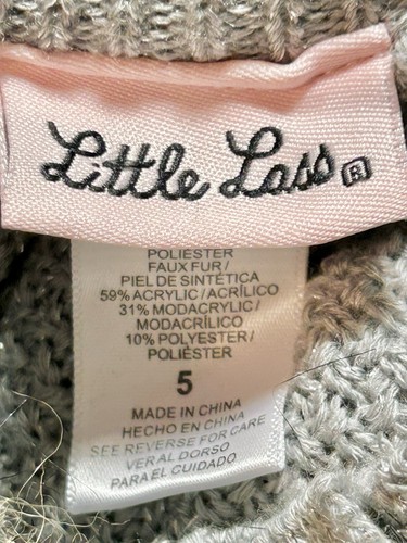 Little Lass Hooded Knit Sweater Poncho Faux Fur Edge Snap Arm Holes Gray Girls 5 - Picture 5 of 7