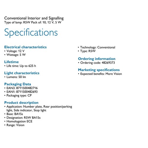 Philips Vision R5W 12821CP BA15s 5W Original Signal Lamps Rears Stop Light 10pcs - Picture 6 of 6