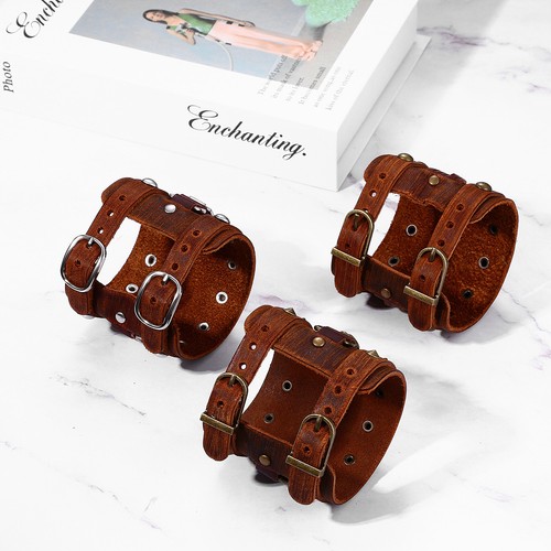 Punk Rock Wide Cuff Bracelet Motorbike Wide Belt Leather Wristband for Men Adj - Picture 15 of 89