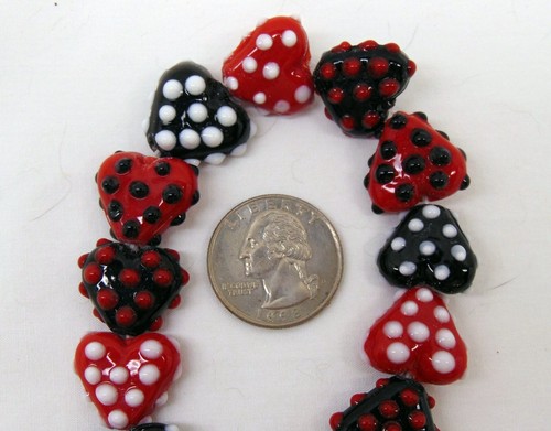 2 Stränge Herz Perlen mit Tupfen ca. 48 Perlen schwarz + rot 18 mm glatte Rückseite - Bild 5 von 7
