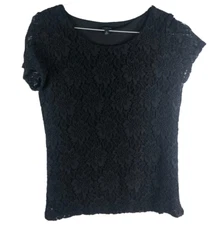 Talbots Black Floral Lace T-Shirt Size Medium Victorian, Elegant, Office