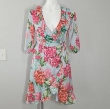 Ella Moon Floral Wrap Ruffled Hem and Trim Mini Dress size S Light Blue and Pink