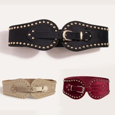 Womens Belt Wide Buckle Elastic Stretch Women Faux Leather Skinny Waist Dress US