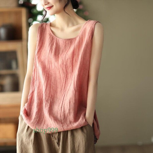 Women Summer Tank Vest Shirt Cotton Linen Sleeveless O-Neck Tops Cami Blouse - Picture 25 of 29