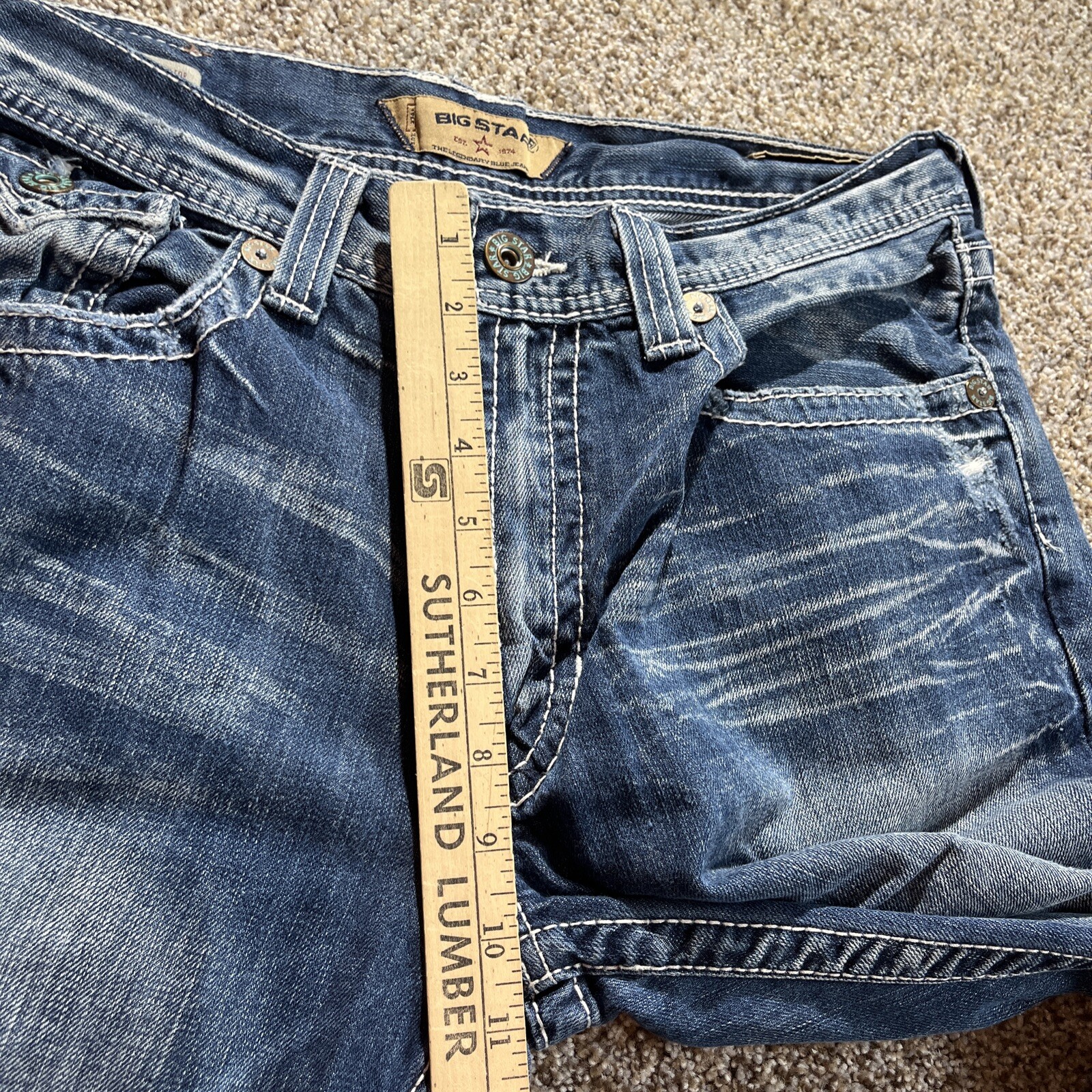 Big Star Pioneer Mens Bootcut Blue Jeans 34R (32x 31.5) Thick Stitch Denim - View 14