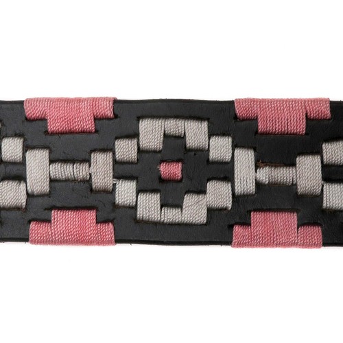 Echtleder Gürtel | Western Style | Schwarz mit genähtem weiß-rosa Muster - Bild 3 von 6
