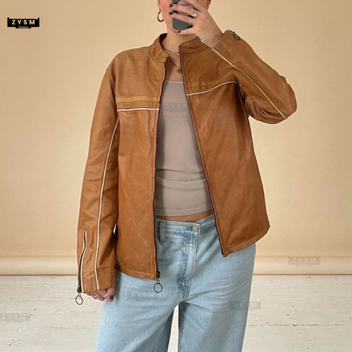 Leather Bomber Jacket-Oversized Bomber Jacket- Women Brown Leather Jacket-S-5xl - Picture 4 of 11