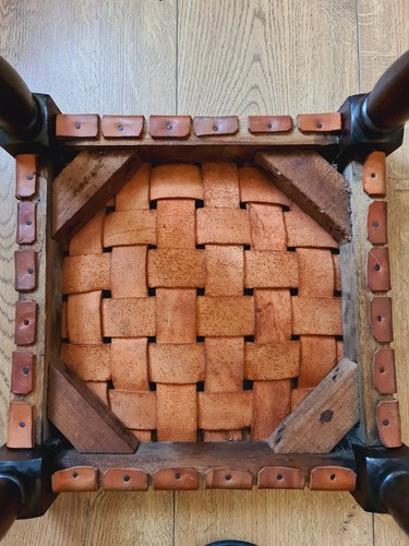 Antique Leather Wood Stool Leather Braided Seat Distressed Dark Tan Rare Item - Picture 11 of 18