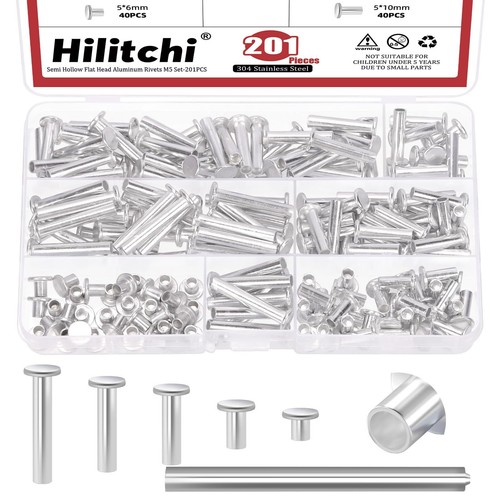 201PCS M5 Aluminum Flat Head Semi-Tubular Rivets with Punch Assortment Kits A... - Picture 1 of 7