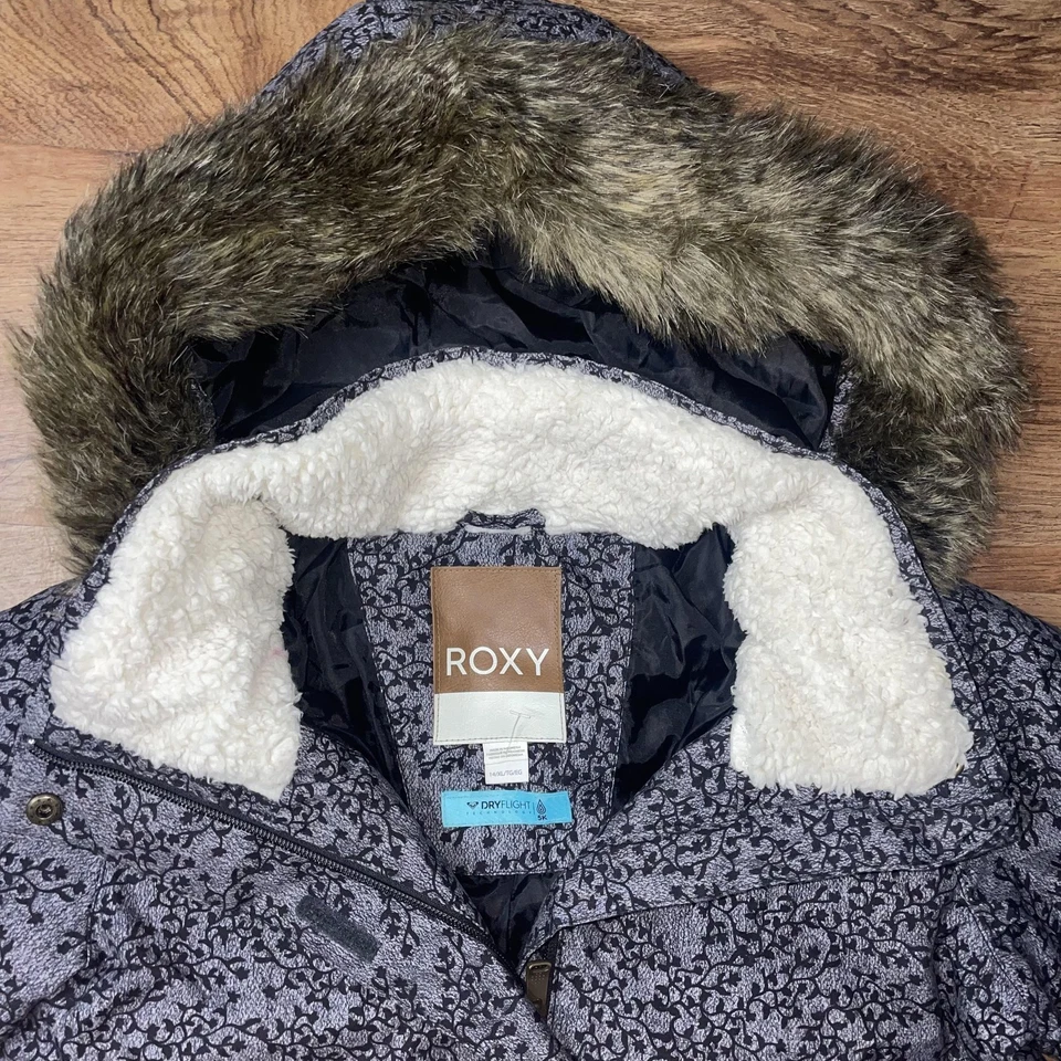 Jaqueta Roxy Meninas 14 XL Cinza Preta Longa Com Capuz Dryflight 5K Pele Sintética Parka - Imagem 4 de 4