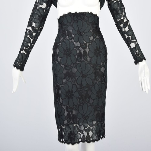 Vintage 1990s Geoffrey Beene Two Piece Black and Green Lace Skirt Set VTG 90s - Picture 6 of 12