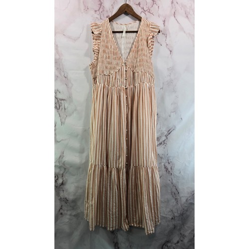 By Anthropologie Dress Womens 1X Pink White Stripe Smocked Midi Flutter