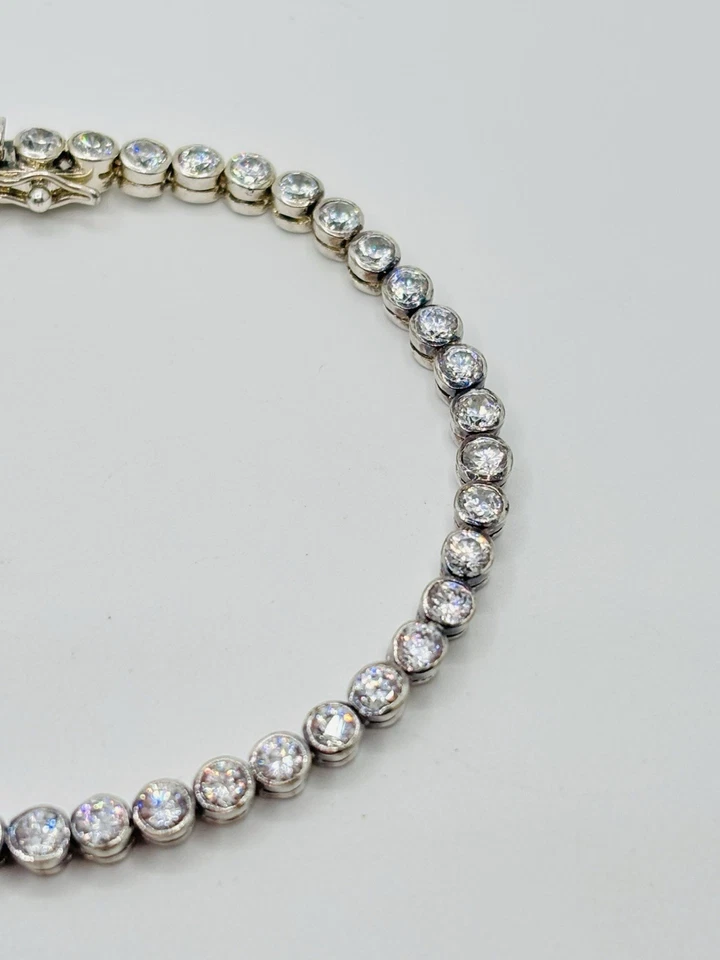 Pulsera Tenis Vintage Bisel Redondo Circonita Chapada en Rodio Plata 925 7.25" Foto 4 de 4
