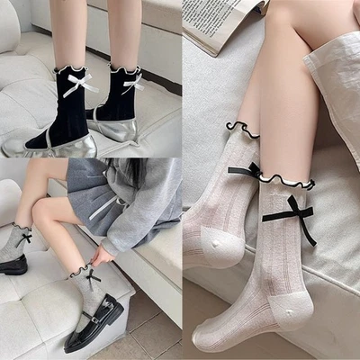 Japanese Style Bowknot Back Cotton Ankle Socks JK Girl Frilly Socks for Women - Image 1 of 4