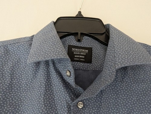 Nordstrom Dress Shirt Mens 15.5 (32-33)Blue Floral Non Iron Trim Fit Long Sleeve - Picture 7 of 8