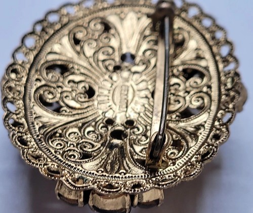 Broche DE COLECCIÓN Alemania Occidental Filigrana Ámbar Vidrio Cabujón Estrás Tono Dorado - Imagen 5 de 8