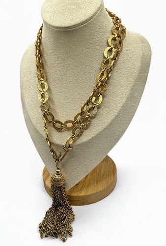 Vintage Napier Statement Tassel Necklace Belt Embossed O Links Chain Gold Tone - Picture 2 of 9