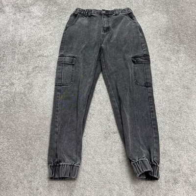Adika Cargo Jogger Denim Jeans Womens Large Faded Black Acid Wash High Rise Y2K