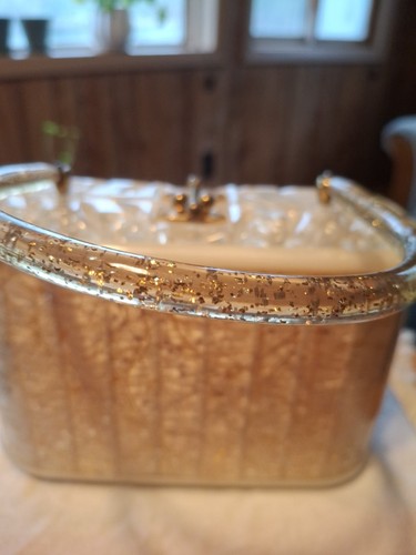 50s Vintage Lucite Box Purse Silver Gold Stars Clear Carved Top Handle Handbag - Picture 4 of 16