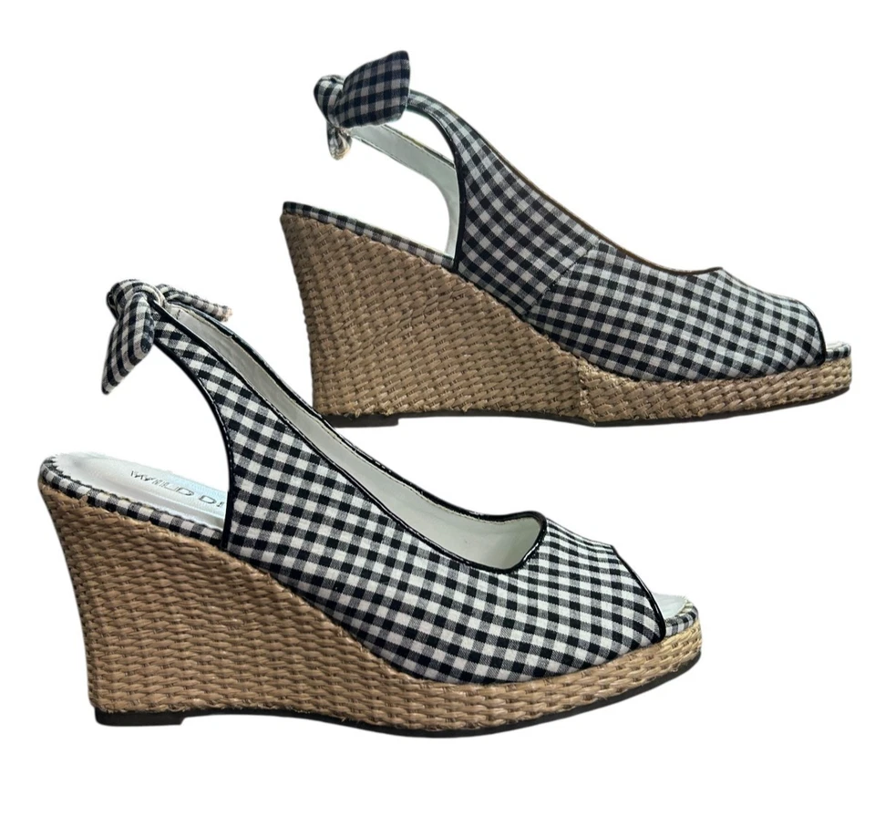 Alpargatas de cuña Wild Diva sin cordones punta abierta para mujer talla 6 azul blanco a cuadros nuevas con etiquetas Foto 2 de 4