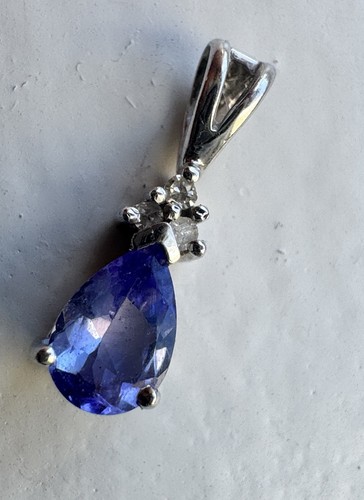 Petite 10K White Gold Teardrop Tanzanite & Diamonds Pendant - Picture 12 of 16