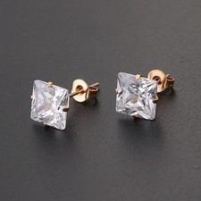 Unisex 18K Rose Gold Filled 6mm Square Cubic Zirconia CZ Thin Post Stud Earrings
