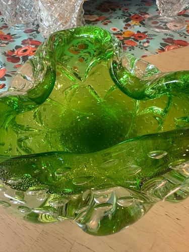 Green Murano Candy Dish Controlled Bubble Vintage 6.5" X 3" - Picture 6 of 8