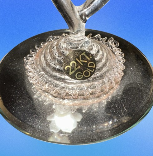 24KT Gold Clear Spun Glass Double Butterfly On Branch & Floral On Mirrored Base - Picture 2 of 9
