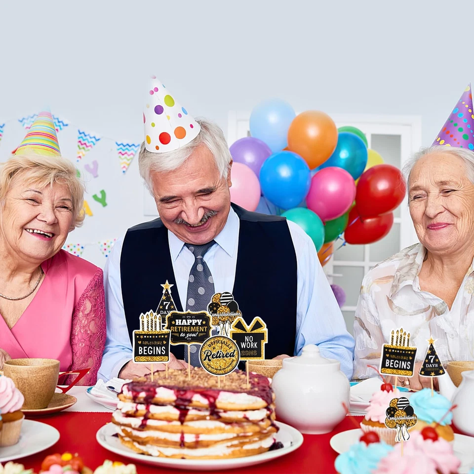 Toppers para cupcakes de feliz jubilación 60 un. - decoraciones de fiesta para pasteles dorados Foto 4 de 4